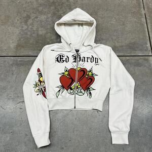 vintage ed hardy true love white cropped zip up hoodie size small WOMENS